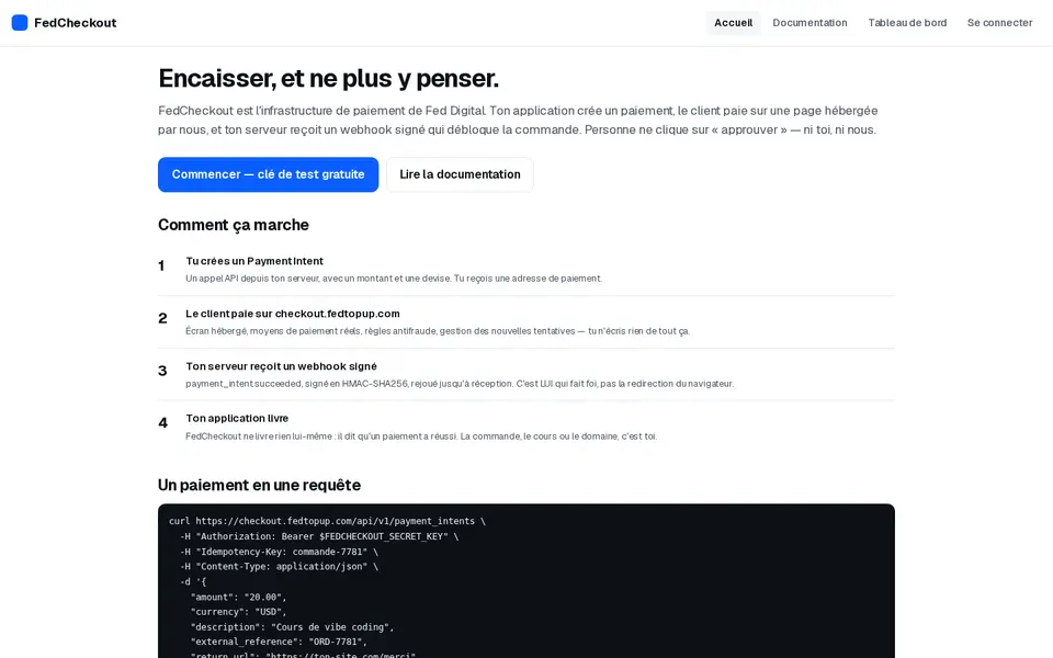Page d’accueil de FedCheckout : « Encaisser, et ne plus y penser », fonctionnement en quatre étapes et exemple de requête