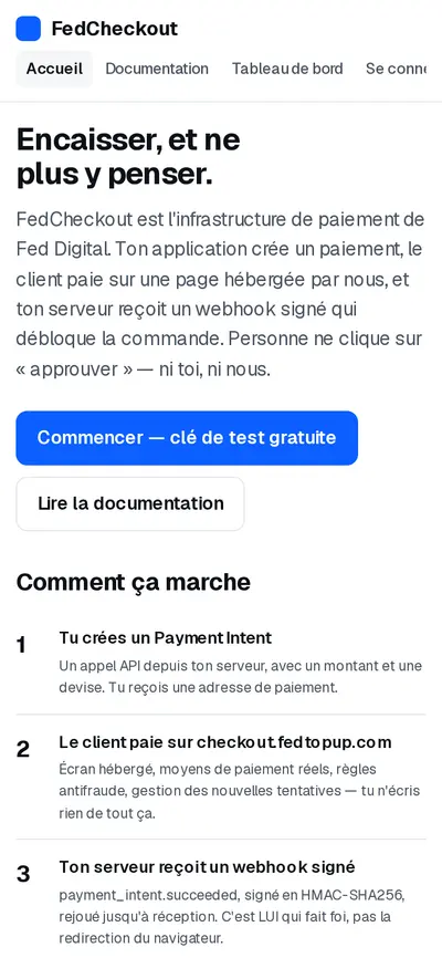 Accueil de FedCheckout sur mobile