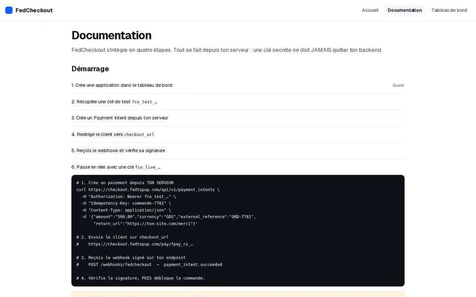 Documentation FedCheckout : démarrage en six étapes et exemple curl