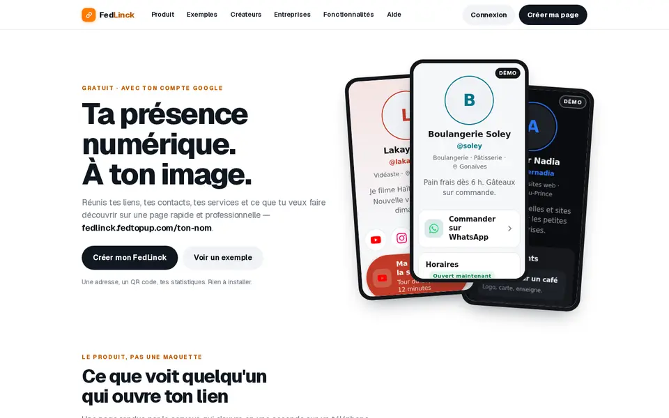 Page d’accueil de FedLinck : « Ta présence numérique. À ton image. » avec trois pages de démonstration