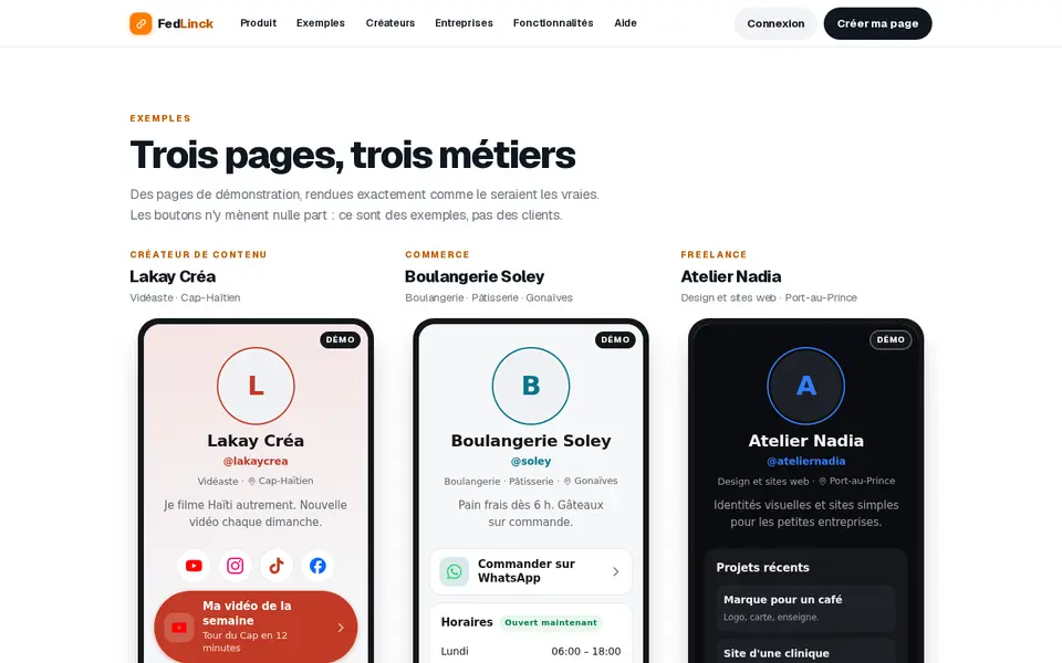 Page Exemples de FedLinck : trois pages de démonstration pour trois métiers