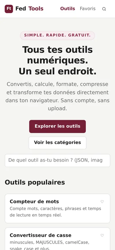 Accueil de FedTools sur mobile