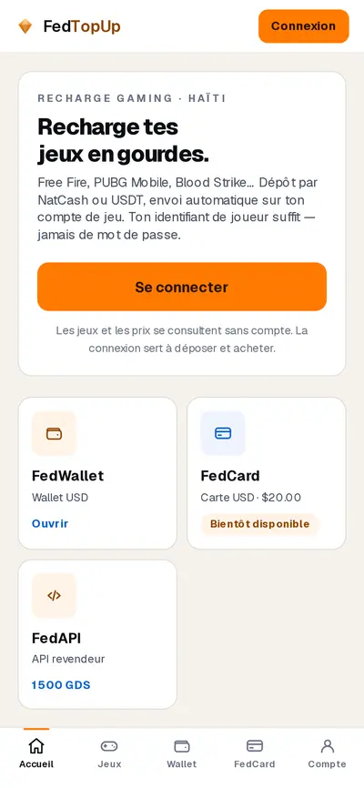 Accueil mobile de FedTopUp : présentation, modules FedWallet, FedCard et FedAPI, jeux populaires