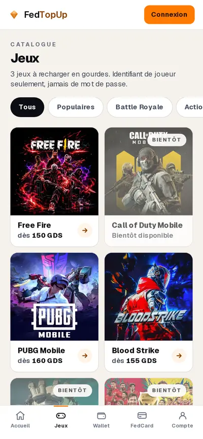 Catalogue des jeux FedTopUp avec filtres par genre