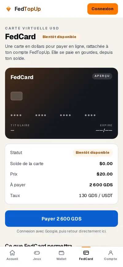 Page FedCard dans FedTopUp : carte virtuelle en dollars, prix et taux affichés