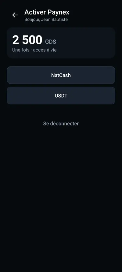Écran d’activation Paynex avec le choix du moyen de paiement