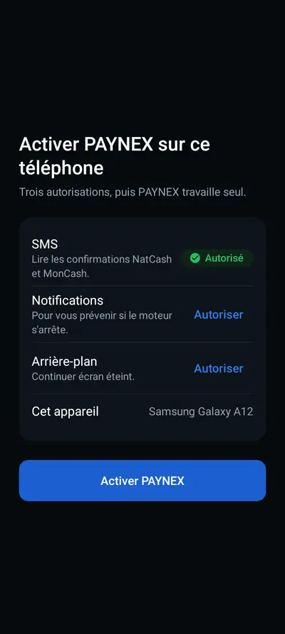 Écran des autorisations Android demandées par Paynex