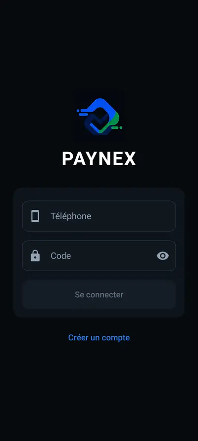 Écran de connexion Paynex : téléphone et code
