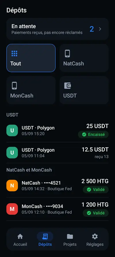 Liste des dépôts Paynex avec leur statut