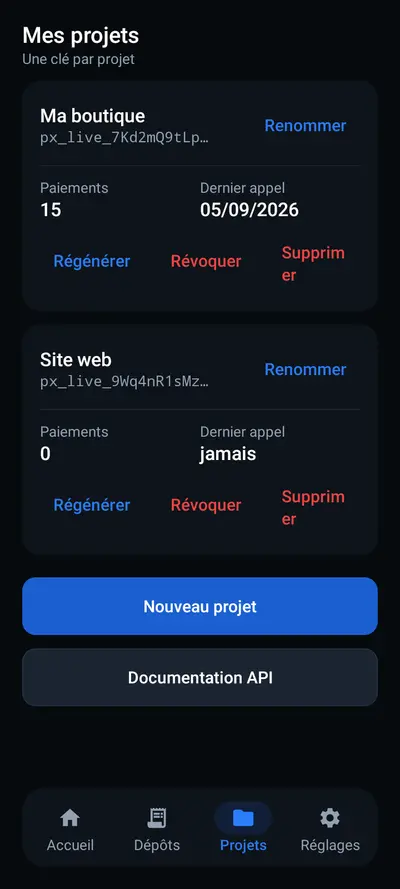 Écran des projets et clés API Paynex